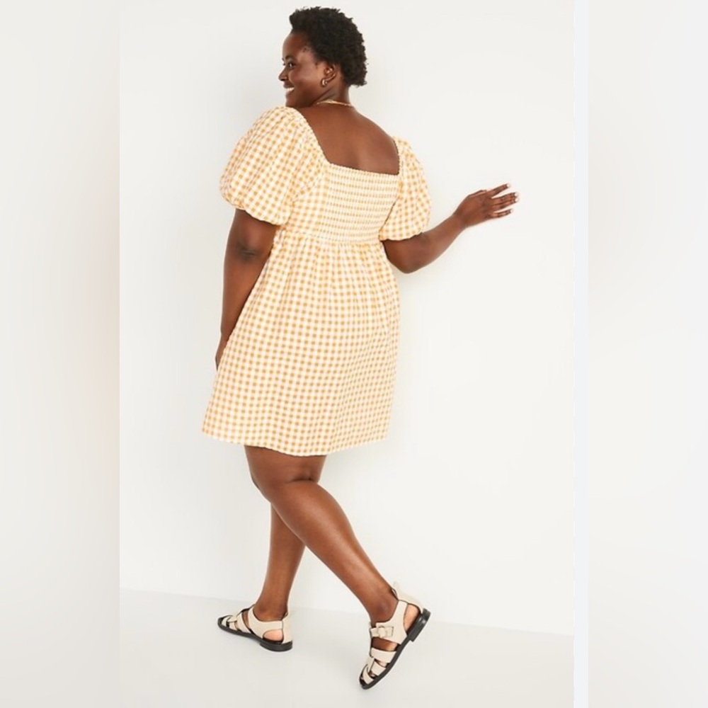 OLD NAVY Yellow Fit and Flare Seersucker Gingham Dress 👗 Size Large